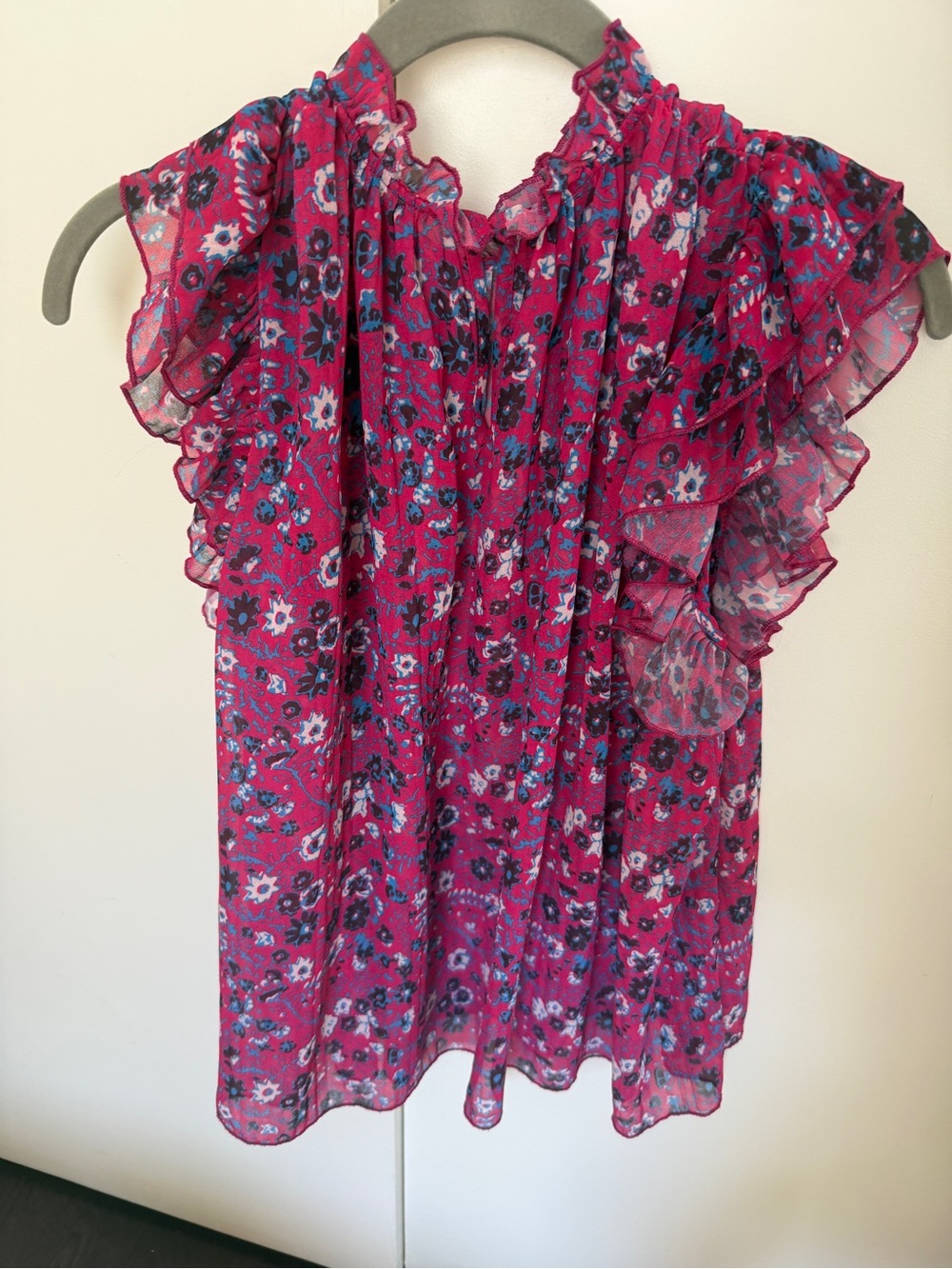 Anthropologie Pink Floral Ruffled Sleeveless Blouse